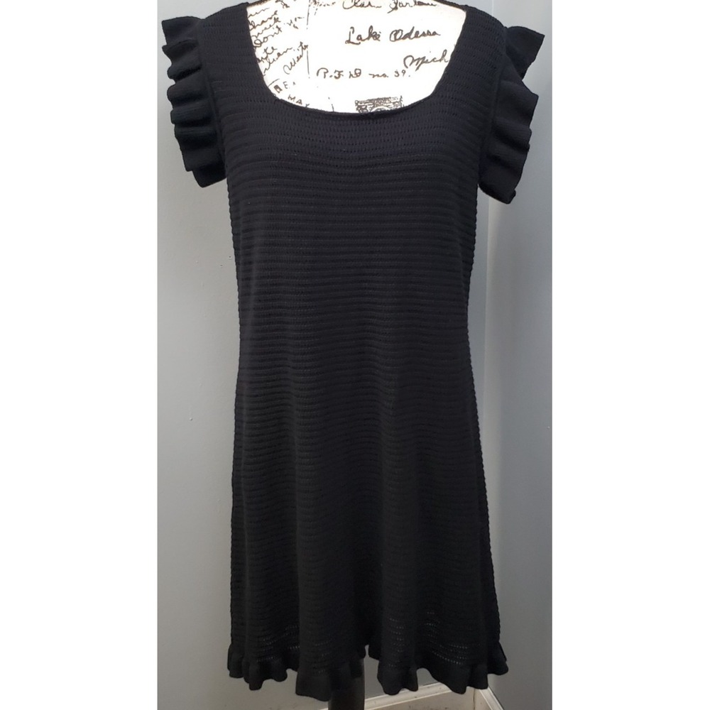 Perfectly Priscilla Mini Dress Womens 1X Black Lined Stretch Knit‎ Ruffle Sleeve
